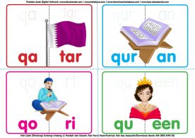 17. Kartu Pintar Membaca Suku Kata Alfabetis; Qatar, Quran, Qori, Queen