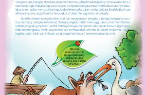 Setelah lama bangau mencari-cari duri ikan, akhirnya ketemu juga duri ikannya di dalam mulut serigala.