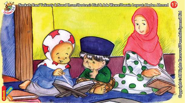 ilustrasi seri kebiasaan anak shalih berpakaian bersih ketika mengaji al quran
