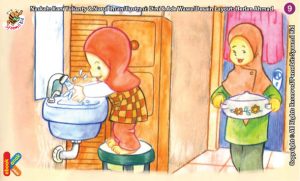 ilustrasi seri kebiasaan anak shalih cucilah tangan sebelum makan