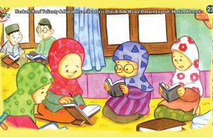 ilustrasi seri kebiasaan anak shalih ikut pengajian bersama teman