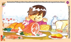 ilustrasi seri kebiasaan anak shalih makan makanan yang halal, bergizi, dan enak
