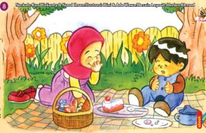 ilustrasi seri kebiasaan anak shalih makan saat lapar dan berhenti makan sebelum kenyang