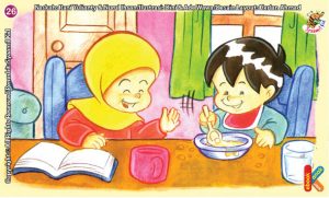 ilustrasi seri kebiasaan anak shalih makan tidak berceceran