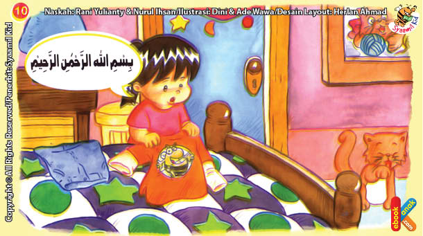 ilustrasi seri kebiasaan anak shalih membaca basmalah dan doa sebelum berpakaian