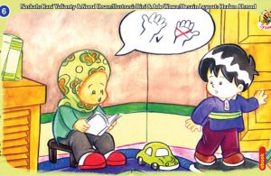 ilustrasi seri kebiasaan anak shalih membersihkan kotoran di kamar mandi dengan tangan kiri