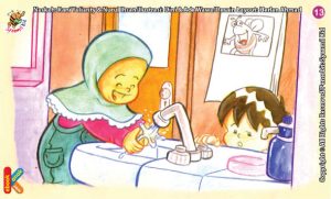 ilustrasi seri kebiasaan anak shalih mencuci tangan setelah selesai makan