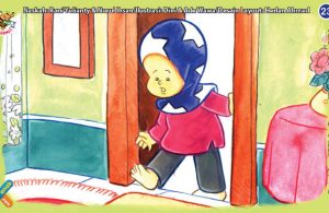 ilustrasi seri kebiasaan anak shalih mendahulukan kaki kanan ketika keluar dari kamar mandi