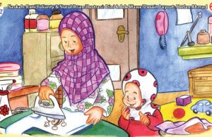 ilustrasi seri kebiasaan anak shalih menyetrika pakaian agar jadi rapi