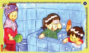 ilustrasi seri kebiasaan anak shalih rutin membersihkan kamar mandi