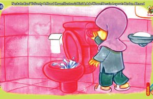 ilustrasi seri kebiasaan anak shalih selalu menyiram closet selesai buang air besar