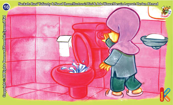 ilustrasi seri kebiasaan anak shalih selalu menyiram closet selesai buang air besar