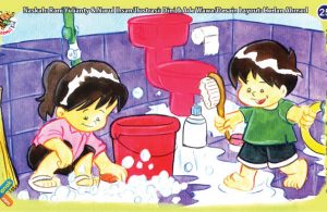 ilustrasi seri kebiasaan anak shalih tidak berlama-lama di kamar mandi