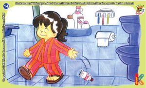 ilustrasi seri kebiasaan anak shalih tidak suka membuang sampah di kamar mandi