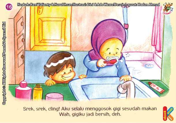 ilustrasi seri kebiasaan anak shalih menggosok gigi selesai makan