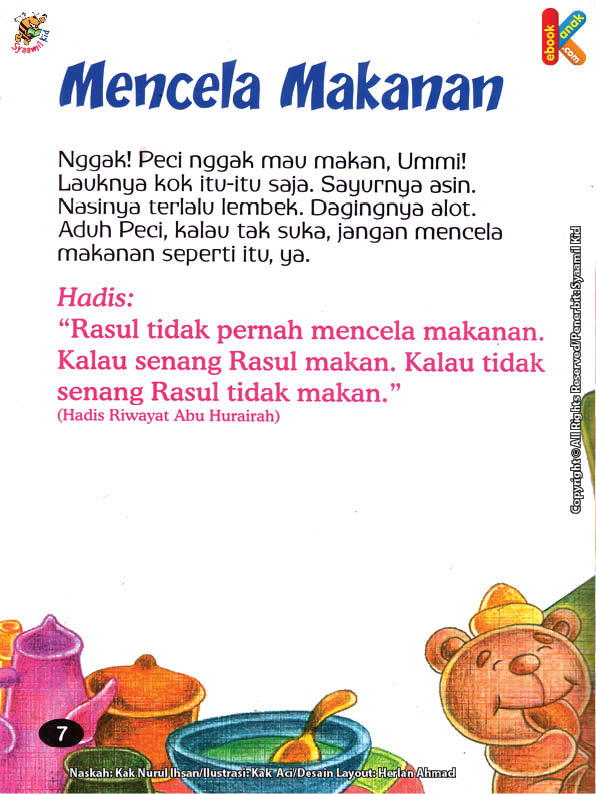 download gratis ebook seri hadis kecil bantu ibu, yuk! Rasul Tidak Pernah Mencela Makanan Jika Tidak Suka