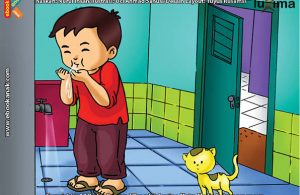 ilustrasi seri belajar islam sejak usia dini ayo belajar berwudhu, Ketika Berwudhu, Alif Memasukkan Air Ke Mulut dan Berkumur-Kumur