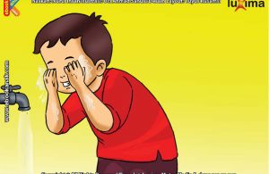 ilustrasi seri belajar islam sejak usia dini ayo belajar berwudhu, Ketika Berwudhu, Alif Membasuh Muka Sebanyak Tiga Kali