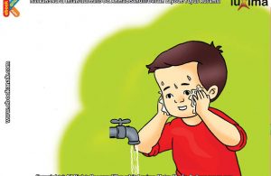 ilustrasi seri belajar islam sejak usia dini ayo belajar berwudhu, Ketika Berwudhu, Alif Membasuh Seluruh Muka dengan Merata dan Sempurna