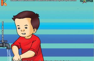 ilustrasi seri belajar islam sejak usia dini ayo belajar berwudhu, Ketika Berwudhu, Alif Membasuh Tangan Kanan Mulai dari Ujung Jari
