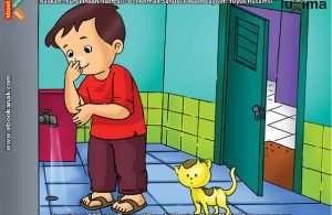 ilustrasi seri belajar islam sejak usia dini ayo belajar berwudhu, Ketika Berwudhu, Alif Menghirup Air ke dalam Hidung dengan Tangan Kanan