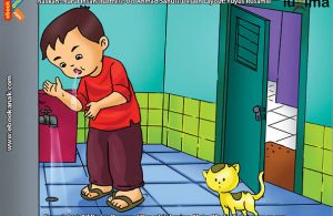 ilustrasi seri belajar islam sejak usia dini ayo belajar berwudhu, Ketika Berwudhu, Alif Menyemburkan Air Ke Luar Mulut dengan Tangan Kiri