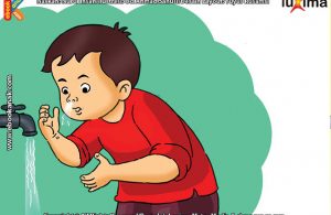 ilustrasi seri belajar islam sejak usia dini ayo belajar berwudhu, Ketika Berwudhu, Alif Menyemburkan Air ke Luar dengan Tangan Kiri