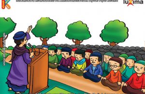 ilustrasi seri belajar islam sejak usia dini mengenal rukun islam, Melaksanakan Shalat Idul Fitri Berjamaah di Lapangan atau di Masjid