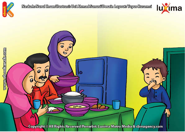 ilustrasi seri belajar islam sejak usia dini mengenal rukun islam, Meski Masih Mengantuk, Alif Bangun Malam untuk Makan Sahur