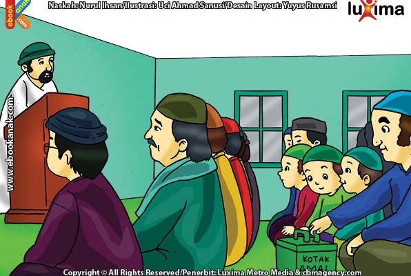 ilustrasi seri belajar islam sejak usia dini aku senang bersedekah, Para Jamaah Berinfak ketika Shalat Jumat di Hari Jumat