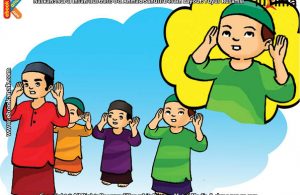ilustrasi seri belajar islam sejak usia dini ayo kita shalat, Alif Membaca Takbir Sambil Mengangkat Kedua Tangan Ketika Shalat