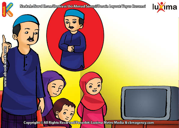 ilustrasi seri belajar islam sejak usia dini ayo kita shalat, Alif Shalat Maghrib 3 Rokaat Berjamaah Bersama Keluarga