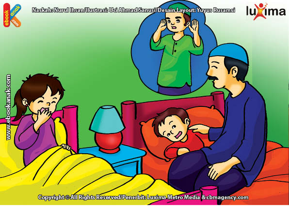 ilustrasi seri belajar islam sejak usia dini ayo kita shalat, Alif dan Keluarga Bangun Subuh untuk Shalat Subuh Berjamaah