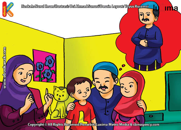 ilustrasi seri belajar islam sejak usia dini ayo kita shalat, Ayah Mengajak Semua Keluarga Shalat Isya Berjamaah