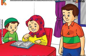 ilustrasi seri belajar islam sejak usia dini ayo belajar mengaji, Alif Mengajari Bi Ijah Membaca Al Quran
