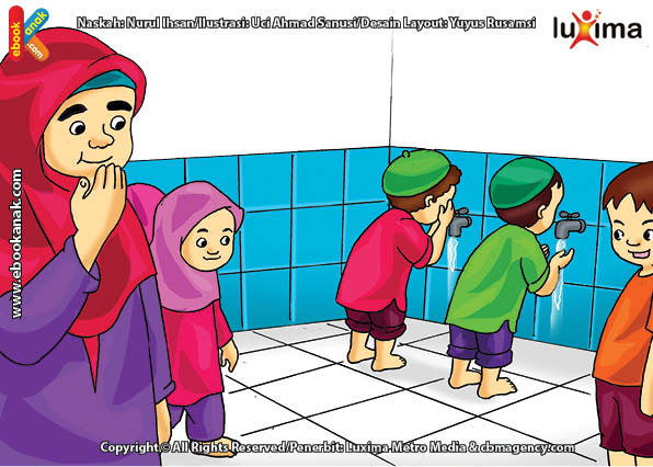 ilustrasi seri belajar islam sejak usia dini ayo belajar mengaji, Anak-Anak Berwudhu Sebelum Belajar Mengaji