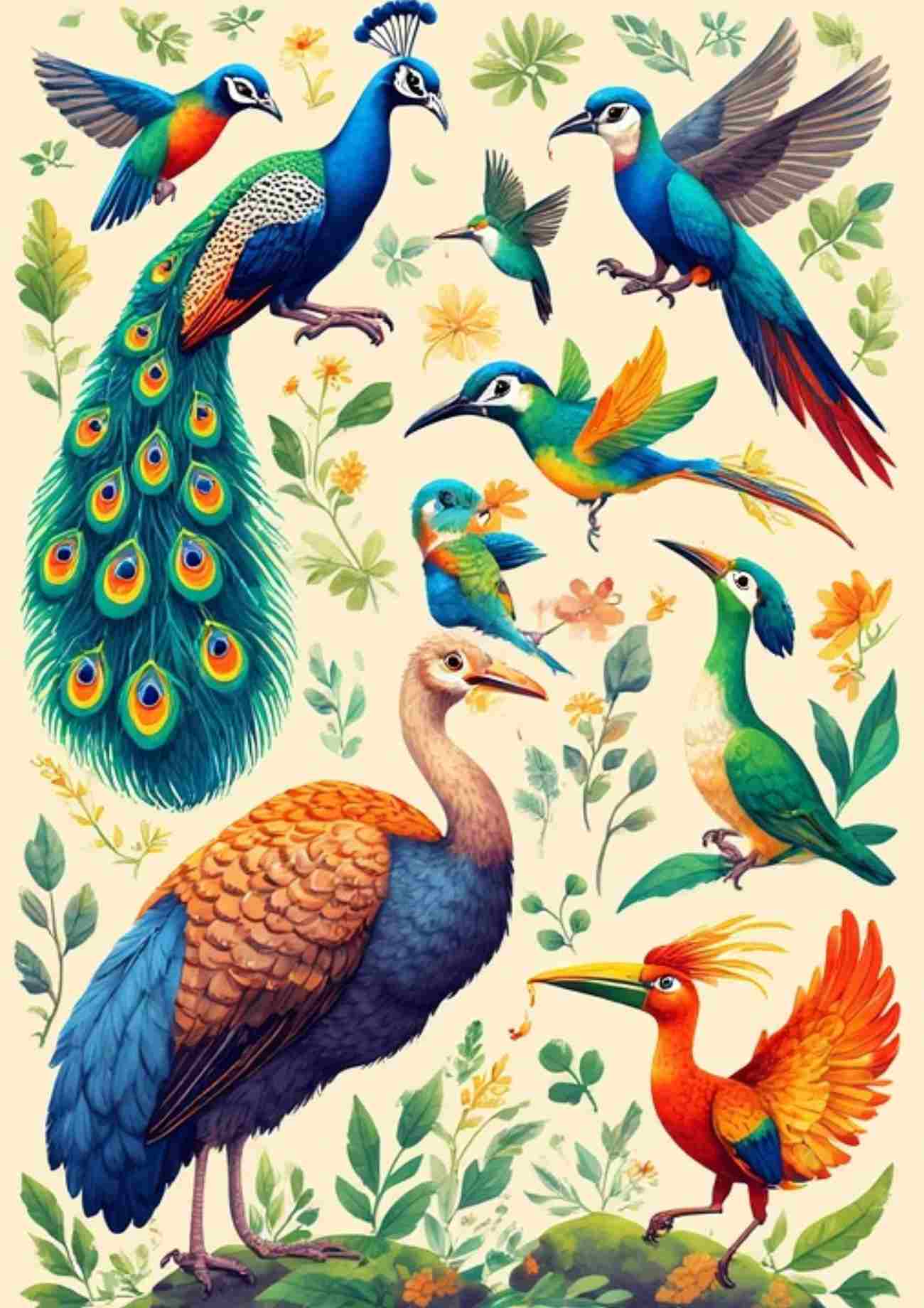 Ilustrasi edukatif burung dari seluruh dunia: merak, kakaktua pintar, kolibri mungil, burung unta raksasa, dan cenderawasih langka dengan warna bulu menakjubkan.