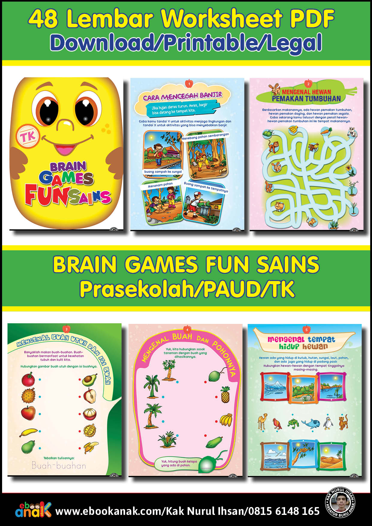 48 lembar worksheet pdf brain games fun sains prasekolah paud tk