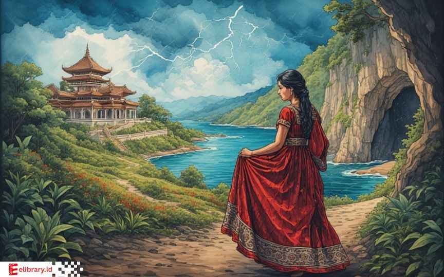 Ilustrasi kisah rakyat Aceh tentang Putri Pukes yang berubah menjadi batu di gua, sementara hujan deras membentuk Danau Laut Tawar.
