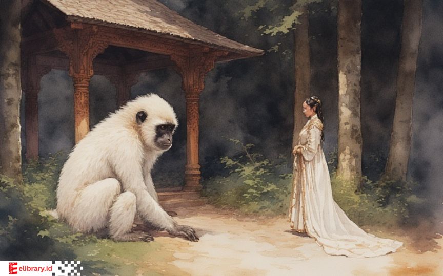 Gambar dongeng Minangkabau tentang Puti Juilan yang menjelma menjadi siamang putih saat pesta pernikahan berlangsung.