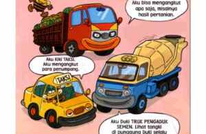 Ilustrasi Truk Molen Truk Sampah dan Dump Truck belajar jenis dan fungsi Kendaraan Berat untuk Anak PAUD TK