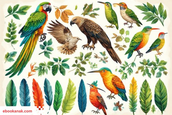 Ilustrasi edukatif burung yang menunjukkan ciri khas: bulu, paruh tanpa gigi, dan sayap, sebagai pembeda utama burung dari hewan lain.