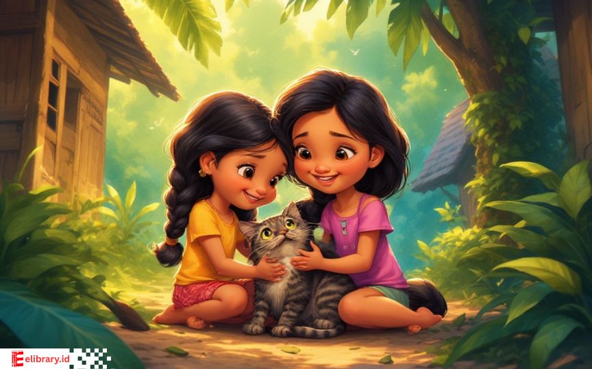 Mimi dan Mini bermain dengan ibu mereka yang seekor kucing di desa tradisional Jambi. Suasana cerah, hangat, dan penuh kasih sayang.
