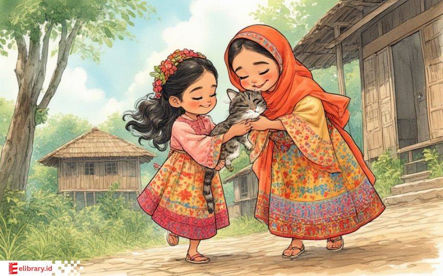Mimi dan Mini, dua gadis cantik dari Jambi zaman dulu, memeluk ibu mereka yang berwujud seekor kucing di halaman desa tradisional, menampilkan kasih sayang dan kebahagiaan keluarga.