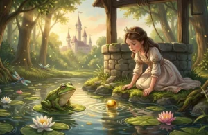 Ilustrasi dongeng Sang Pangeran Katak dengan putri memegang bola emas di tepi sumur hutan