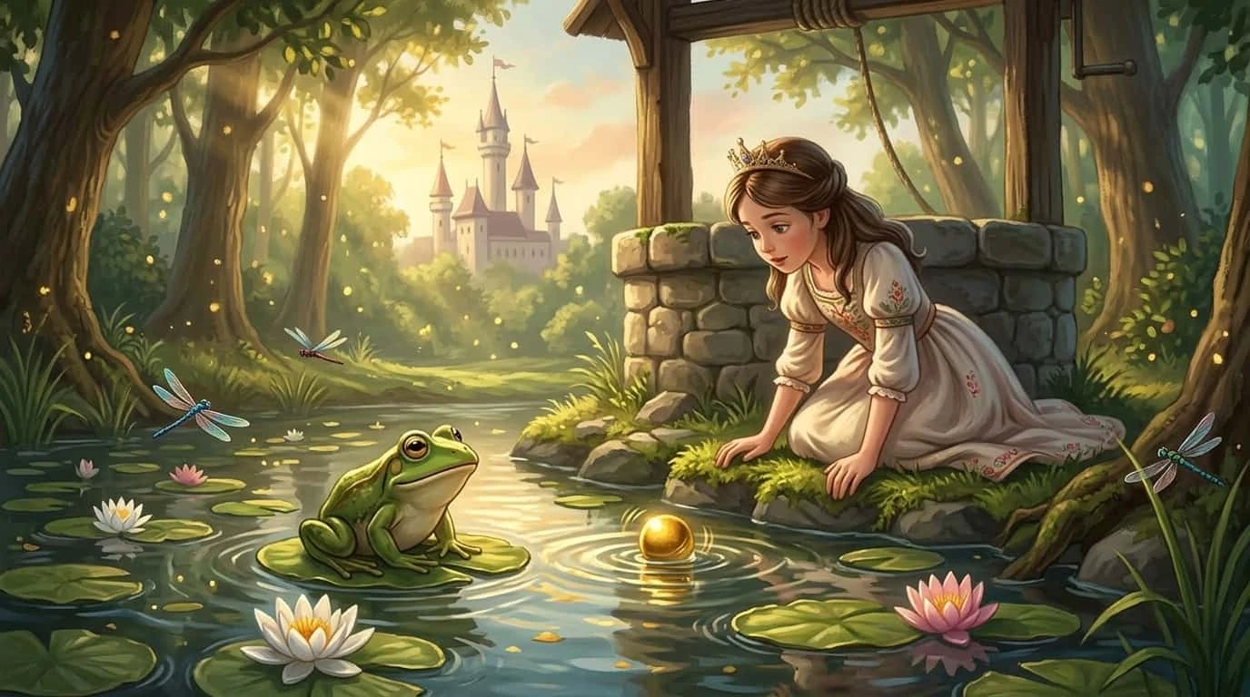 Ilustrasi dongeng Sang Pangeran Katak dengan putri memegang bola emas di tepi sumur hutan