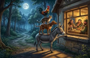 Ilustrasi dongeng Musisi Kota Bremen dengan keledai, anjing, kucing, dan ayam berbaris di jalan hutan