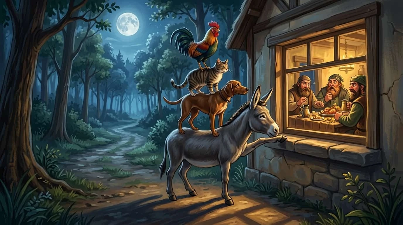 Ilustrasi dongeng Musisi Kota Bremen dengan keledai, anjing, kucing, dan ayam berbaris di jalan hutan