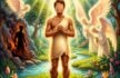 Ilustrasi digital painting klasik tentang momen Allah meniupkan ruh ke dalam jasad Nabi Adam AS yang terbuat dari tanah liat, dengan cahaya ilahi menyinari tubuhnya.