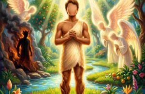 Ilustrasi digital painting klasik tentang momen Allah meniupkan ruh ke dalam jasad Nabi Adam AS yang terbuat dari tanah liat, dengan cahaya ilahi menyinari tubuhnya.